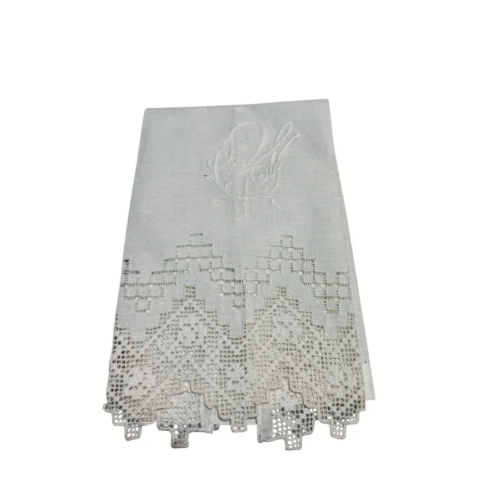Vintage Monogram W Linen Cutwork Lace Guest Towel Cream 12x20